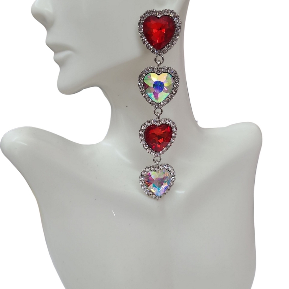 Glamorous Triple Heart Earrings in Red and Silver
